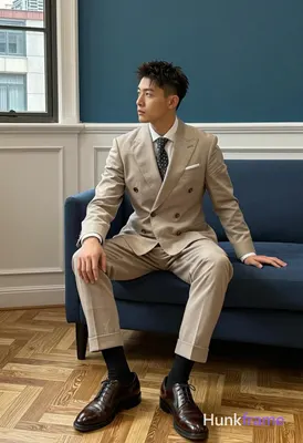 Asian man with short dark brown textured hair and clean-shaven face He wears a beige double-breasted