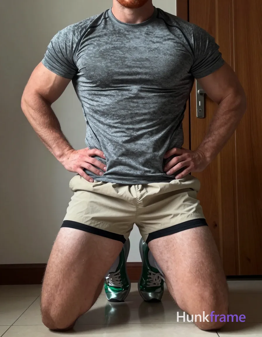 A muscular adult man with light-to-medium tan skin and short dark hair kneels on a tiled floor, torso leaning forward slightly. He wears a grey textured athletic t-shirt over beige shorts revealing black compression briefs at the thigh edges, paired with white mid-calf socks and metallic green high-top sneakers. Arms rest behind hips or thighs; knees and shins are exposed showing thick muscular definition. Soft directional indoor lighting from left casts shadows on the right leg against a plain wall with a wooden door panel to the right. High-resolution skin texture and fabric weave, naturalistic color grading with slight cool undertones., same aesthetic theme and photo feel as the reference but a different man in a different pose with distinct body proportions, Irish man, pale with red undertone skin, copper stubble, lean rugby build, a single uninterrupted photograph only, no written words or typography anywhere in frame, no captions, no app UI, no social-media post layout, no screenshot borders