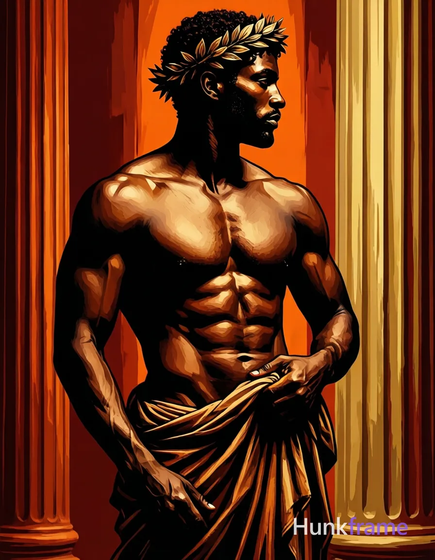 Bold flat-color wall art graphic of a bronze-skinned man with short dark curly hair and wreath accessory in contrapposto profile. Shirtless torso displays sculpted abs and broad shoulders as he holds draped fabric near hip against deep red, burnt orange, and gold vertical columns. Clean vector lines define the high-contrast silhouette from head to mid-thighs within a painterly composition., a single uninterrupted photograph only, no written words or typography anywhere in frame, no captions, no app UI, no social-media post layout, no screenshot borders
