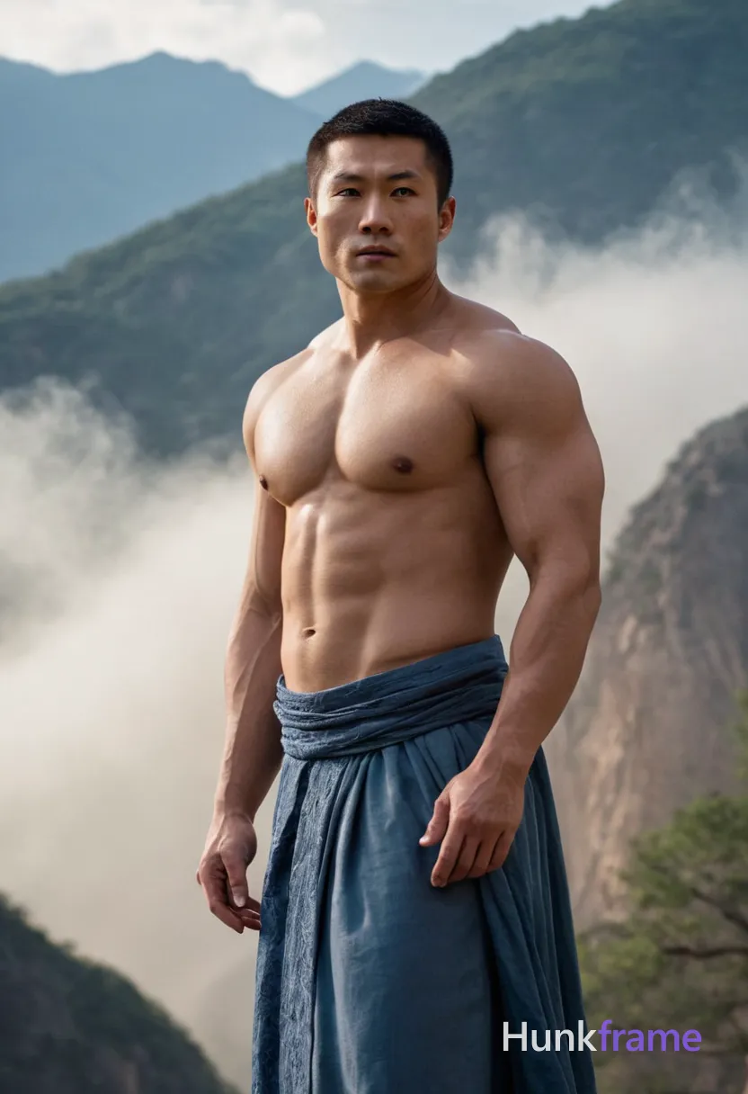 A muscular Asian man in elegant Chinese robes standing against a backdrop of misty ink wash mountains, his serious expression and confident pose adding to the overall elegance; soft diffused light highlights the intricate details of the robe patterns and emphasizes the natural curves of his physique