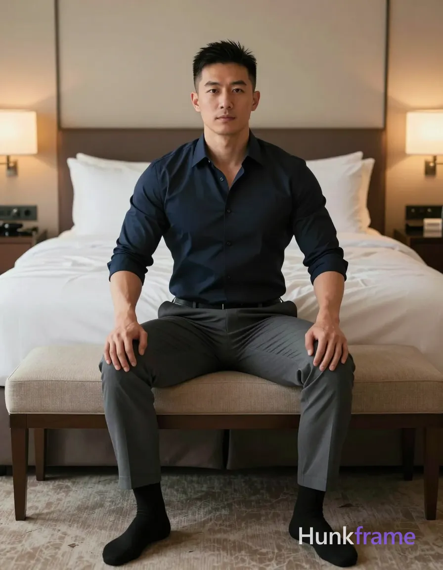 Asian man with medium-dark skin tone, short black hair styled up slightly, defined eyebrows, neutral expression, straight nose, closed lips without visible teeth, no facial hair (clean-shaven), apparent adult age range mid-20s to early 30s. He is seated upright on a beige upholstered bench in hotel bedroom wearing dark navy button-down shirt with sleeves rolled to forearms and grey dress trousers paired with black socks—no shoes—and has broad shoulders, defined chest and arms conveying bear energy; full-body centered shot from head-to-feet against backdrop of large bed with white linens and warm ambient lamp glow on right side over patterned carpet foreground. No jacket worn in this frame., Seated upright, legs spread apart, hands resting flat on thighs facing camera directly; Straight-on frontal view aligned with bed behind and lamps flanking subject symmetrically; Neutral gaze at lens conveying calm confidence without smiling or frowning; Full-body focal length capturing entire figure plus surrounding environment including bench, bedding details, floor pattern texture underfoot., Asian man with medium-dark skin tone, short black hair styled up slightly, defined eyebrows, neutral expression, straight nose, closed lips without visible teeth, no facial hair (clean-shaven), apparent adult age range mid-20s to early 30s., a single uninterrupted photograph only, no written words or typography anywhere in frame, no captions, no app UI, no social-media post layout, no screenshot borders