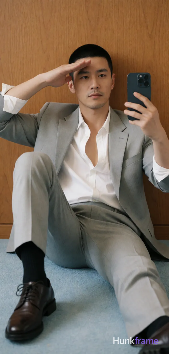Asian adult man with short black buzz cut and light stubble, neutral expression saluting his forehead with right hand while holding dark smartphone in left for mirror selfie; Seated on light blue carpeted floor legs spread wide X-shape torso leaning back against wood paneling wearing open white dress shirt revealing upper chest cleavage sleeves rolled up paired with light grey single-breasted suit jacket and matching tailored trousers black socks dark brown leather shoes soft indoor lighting vertical portrait composition confident stylish mood tasteful suggestive framing, shot on iPhone 15 Pro main camera, authentic smartphone computational photography, natural Smart HDR and true-to-life skin texture, vertical 9:16 Xiaohongshu lifestyle feed, bright clean everyday scene, unretouched phone photo with subtle sensor grain, trendy Chinese internet 网红 aesthetic, candid influencer energy, phone held naturally in one hand for selfie, phone visible in frame; single clean uninterrupted photograph with a cohesive editorial composition and plain continuous surrounding surfaces