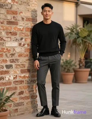 Asian man in XHS lifestyle photography, standing full-body shot against a weathe