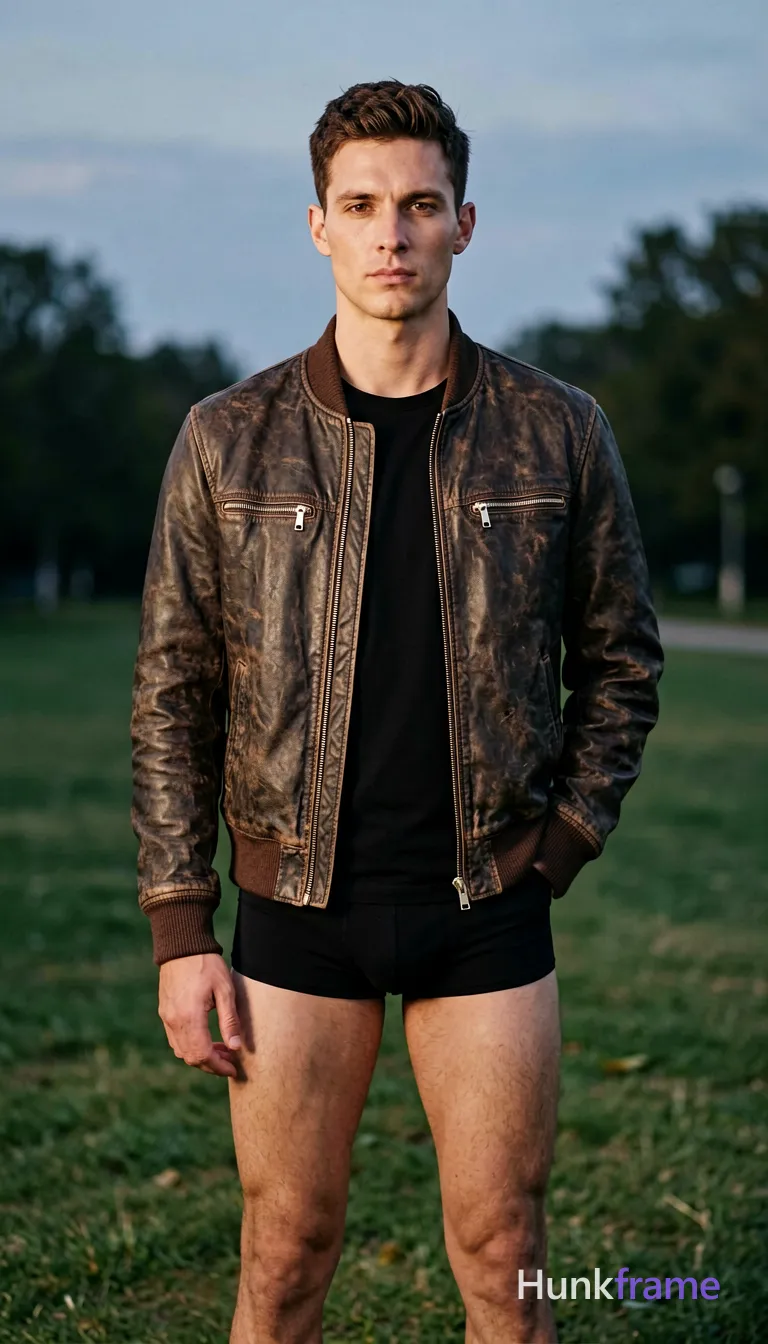 an anonymous figure man with light-medium skin and short dark brown hair featuring a textured top, tapered sides, and clean-shaven face stands upright facing forward in an outdoor park at dusk; He wears a dark brown distressed leather bomber-style jacket with zippered chest pockets over a black crew-neck t-shirt, hands deep in his ribbed cuffs while gazing directly at the camera with a neutral expression; The full-body shot from head to mid-thighs captures his lean build against green grass and muted blue-gray sky under soft natural light from above-left, utilizing shallow depth of field to blur distant trees into fine-art photography, same aesthetic theme and photo feel as the reference but a different man in a different pose with distinct body proportions, German man, fair skin, strong brow ridge, lean cyclist legs; securely fitted underwear or swim trunks with complete frontal coverage; single clean uninterrupted photograph with a cohesive editorial composition and plain continuous surrounding surfaces