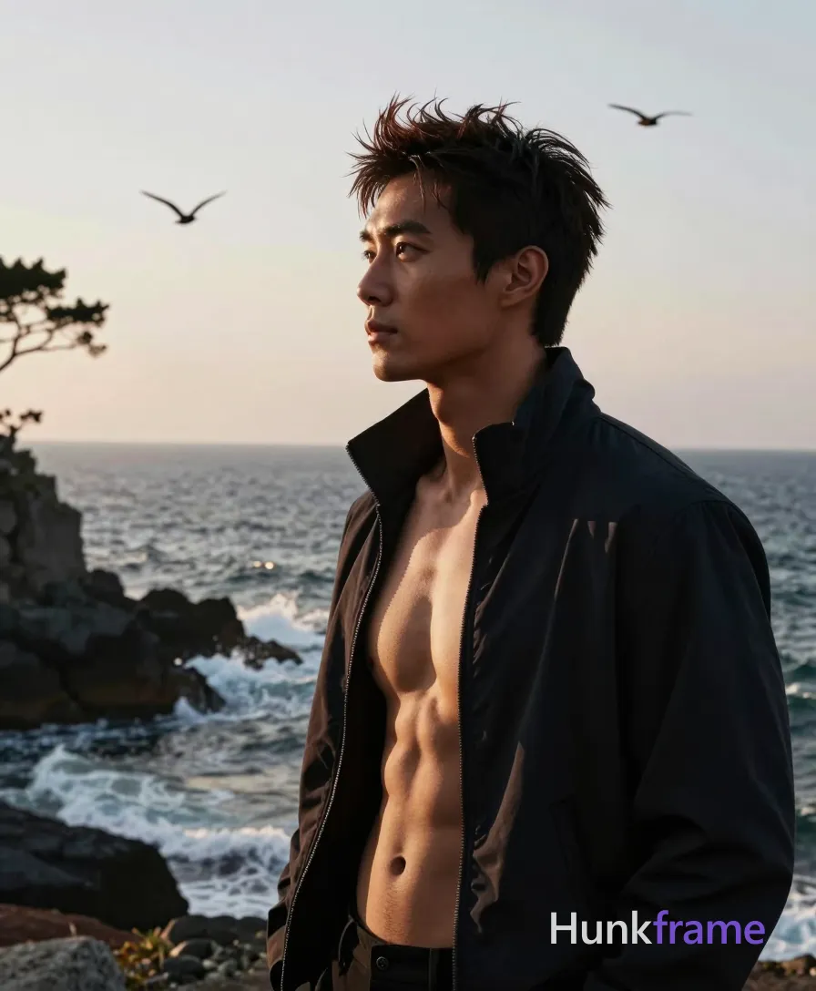 Asian man standing in right-facing profile occupying the right two-thirds of a vertical portrait frame, head turned slightly forward with relaxed posture and contemplative neutral gaze directed leftward toward horizon; Short spiky dark brown hair textured and tousled; medium-tan skin with warm undertones from sunset backlighting creating rim-light effect on shoulder edges; Wearing high-necked dark heavy cotton jacket unzipped at top to reveal bare chest and defined collarbones extending down to waistline, visible under open garment; Broad shoulders and sculpted physique emphasized by dramatic directional light against outdoor coastal cliffside setting with ocean waves crashing against dark rocks below; silhouetted tree branches frame left edge of image while three birds fly across sky above horizon line; Fine-art photography aesthetic captures defined anatomy in cinematic composition using natural elements to enhance romantic atmosphere; single clean uninterrupted photograph with a cohesive editorial composition and plain continuous surrounding surfaces