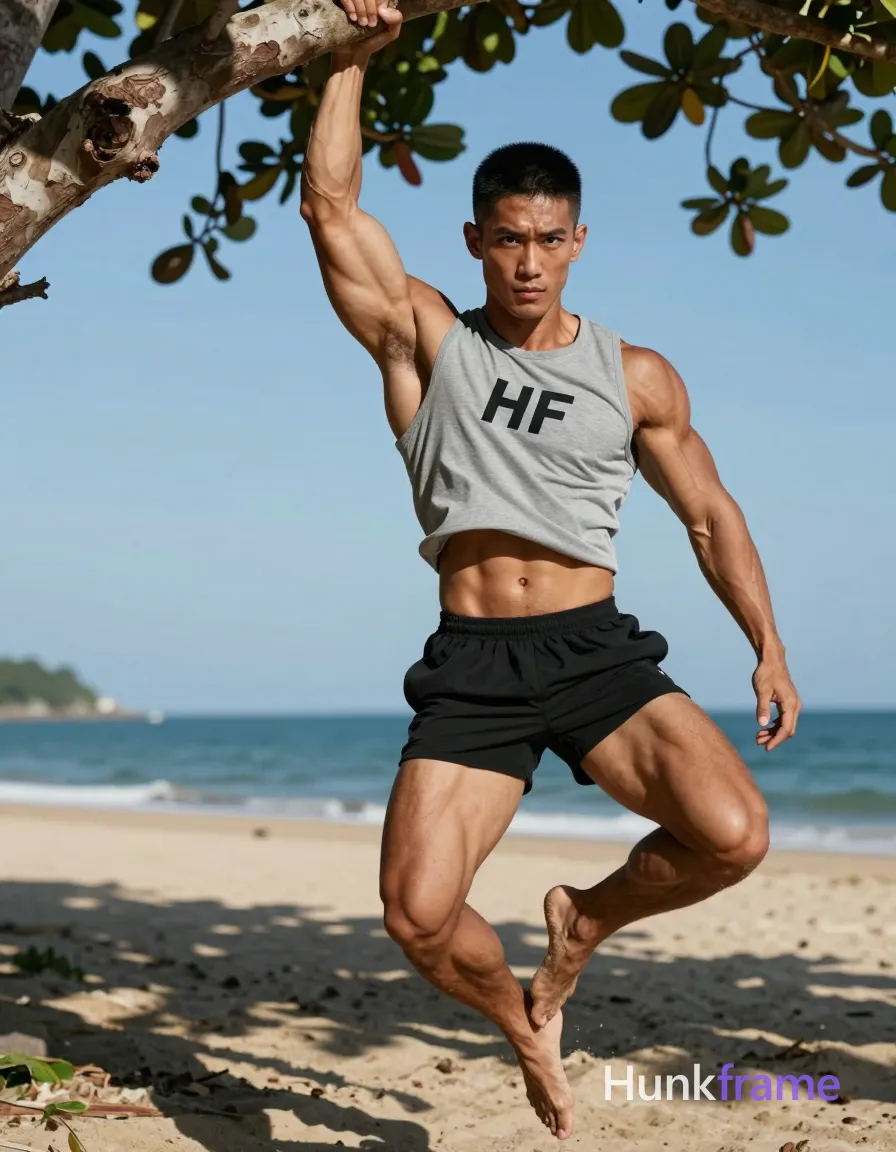 Asian man with tanned skin and short black textured crop top hair, clean-shaven head and square jawline. He hangs from a tree branch on the left side of frame in mid-air suspension, pulling up with right hand while left leg lifts bent at knee, torso leaning back for balance. Wearing gray sleeveless tank top replacing all source text with 'HF' wordmark across chest, black athletic shorts covering lower torso. Arms and legs exposed showing highly muscular build, defined abs, thick thighs, sculpted legs. Natural outdoor beach setting with ocean background and sandy ground beneath. High contrast lighting creates dramatic shadows cast by tree foliage against blue sky. Vertical portrait orientation 13:19 aspect ratio. Fine-art photography style with detailed muscle definition, dynamic athletic mood, focused intense gaze directed at camera. FULL GARMENT TEXT REPLACEMENT: remove every source garment word, sentence, slogan, logo, and partial brand spelling from every existing print area, then replace those source marks with only the wordmark, spelled exactly "HF". This is replacement, never addition: no original source letters may remain beside or behind it. Repeated "HF" marks are allowed only where the source garment already had printed text; preserve appropriate placement, typography, color, and scale. No other visible text, logo, caption, username, hashtag, comment, watermark, or UI chrome., same aesthetic theme and photo feel as the reference but a different man in a different pose with distinct body proportions, Japanese man, soft masculine features, straight black hair, slim dancer build, a single uninterrupted photograph only, no written words or typography anywhere in frame, no captions, no app UI, no social-media post layout, no screenshot borders