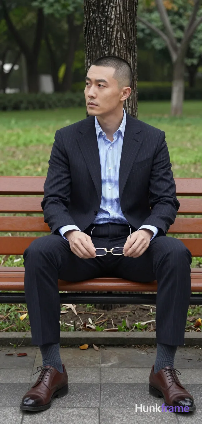 Asian man with short buzz cut and clean-shaven face, neutral contemplative gaze leftward. Seated upright on wooden park bench against tree trunk, hands resting in lap holding eyeglasses by temples. Wearing dark navy pinstripe single-breasted suit jacket over light blue and white vertical-striped button-down shirt with visible collar and cuffs at wrists. Matching dark navy pinstripe trousers, dark gray ribbed crew socks pulled to mid-calf, brown leather lace-up dress shoes with rounded toes. Fully clothed adult slim build. Outdoor park setting with green grass and scattered trees under overcast daylight. Soft diffused natural lighting, muted green and brown palette. Fine-art photography aesthetic, muscle-bear rugged warm confidence vibe, portrait crop centered horizontally., a single uninterrupted photograph only, no written words or typography anywhere in frame, no captions, no app UI, no social-media post layout, no screenshot borders