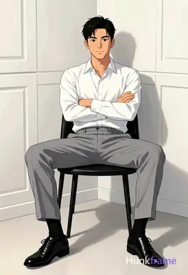 Polished anime style illustration of an Asian man with short black hair and clean-shaven face, neutr