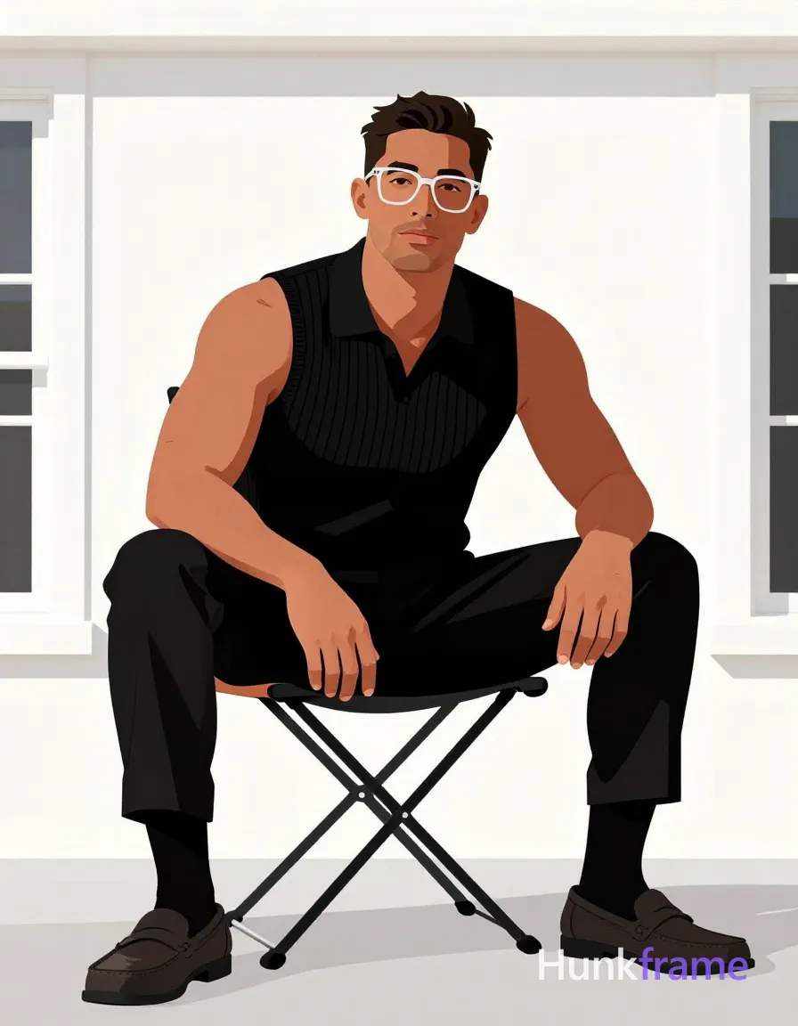 Bold flat-color wall art graphic of an adult man with medium-dark skin and short textured dark hair seated on a folding chair outdoors; He wears clear-framed rectangular glasses, black ribbed polo shirt, slim-fit trousers, mid-calf socks, and leather loafers; The design emphasizes broad shoulders, defined pectorals, deltoids, and thick thighs with visible quadriceps definition under dramatic lighting; Left leg extended flat, right knee bent near thigh, hands resting on legs; Clean vector aesthetic centered against a white building facade; The adult man visibly wears clear-framed glasses with thin metal rims, rectangular shape; preserve the exact frame shape, rim style, color, material, and lens tint; single clean uninterrupted photograph with a cohesive editorial composition and plain continuous surrounding surfaces