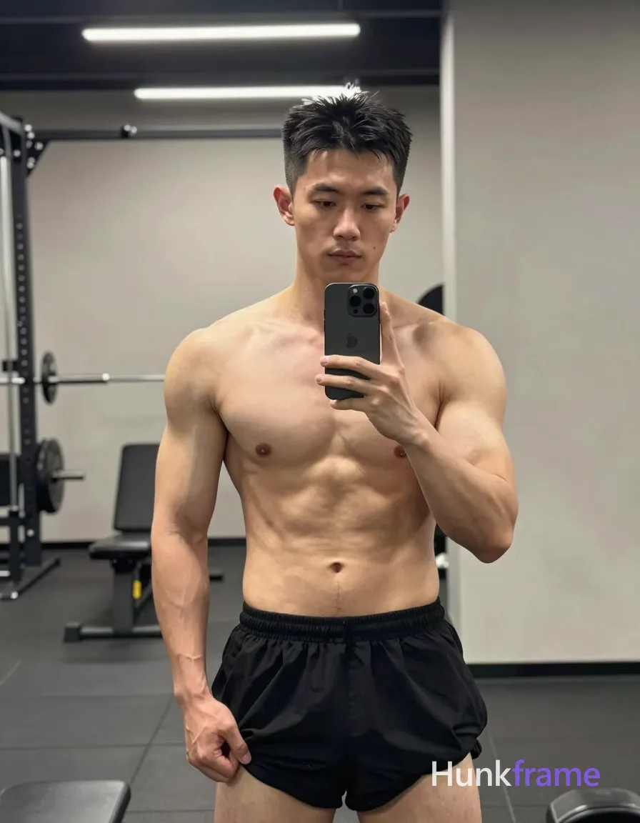 Photograph of exactly 1 adult man. Man 1: Asian, light-medium, square-jawed with defined cheekbones, black, short textured crop top length at crown tapering to nape, slightly spiky front, clean-shaven chin and jawline, minimal stubble on upper lip if any. Man 1 has fully exposed eyes, eyebrows, temples and nose bridge. Broad shoulders, defined deltoids with thick quadriceps. Right hand lifts black shorts waistband exposing inner thigh. Shirtless chest showing six-pack abs in loose athletic shorts. Full-length vertical mirror selfie centered on subject body. Indoor gym environment reflecting weight racks, neutral walls. Overhead fluorescent light highlighting abdominal definition clearly. Naturalistic smartphone fitness documentation with clean negative space