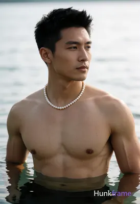 Asian man with tanned skin and short dark black hair styled upward, textured wet