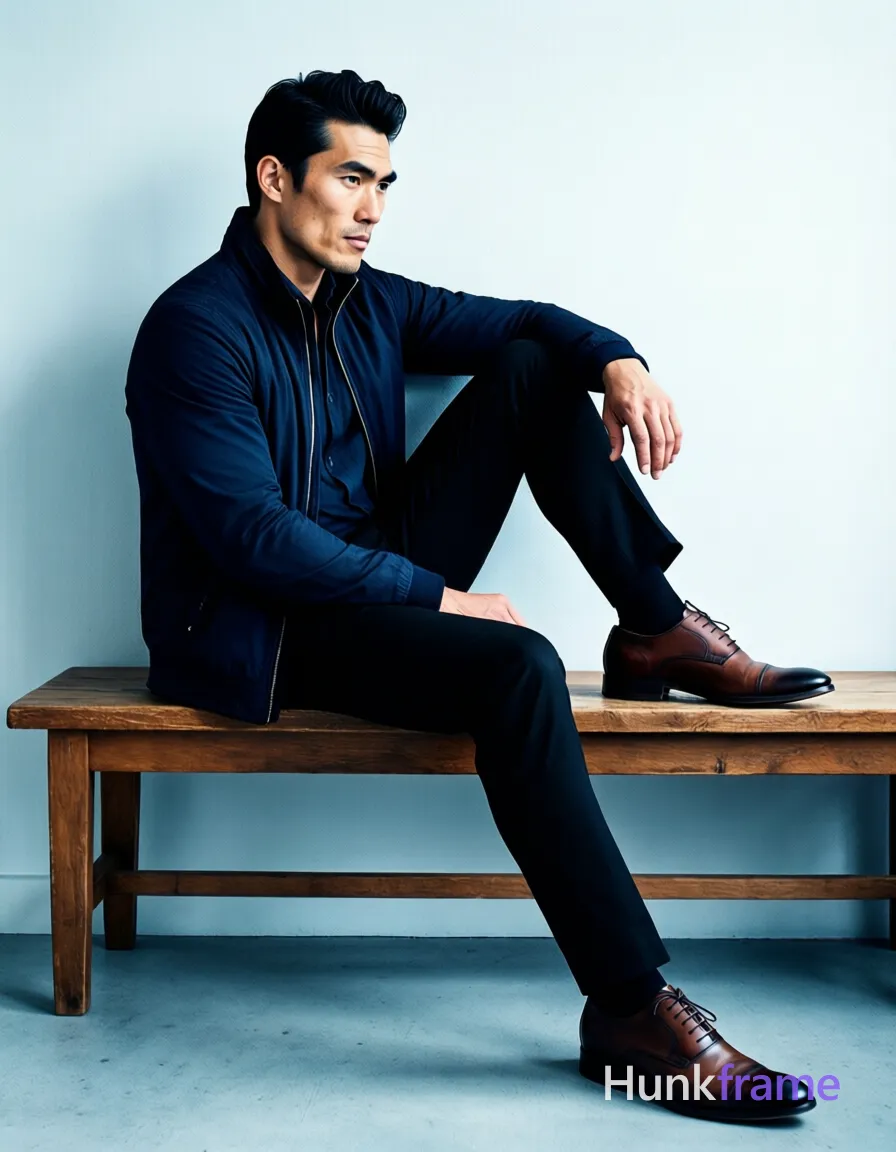 Bold flat-color wall art graphic of an Asian man with fair skin and black short hair styled back sitting sideways on a low wooden bench. He wears a fully zipped dark navy zip-up jacket over a matching shirt, black trousers, and leather dress shoes. His left leg is bent with foot resting on the right knee while the right leg extends forward slightly elevated off the floor. High-contrast color blocking defines his slim build and defined jawline against cool neutral background tones in this minimalist composition., same aesthetic theme and photo feel as the reference but a different man in a different pose with distinct body proportions, German man, fair skin, strong brow ridge, lean cyclist legs, a single uninterrupted photograph only, no written words or typography anywhere in frame, no captions, no app UI, no social-media post layout, no screenshot borders