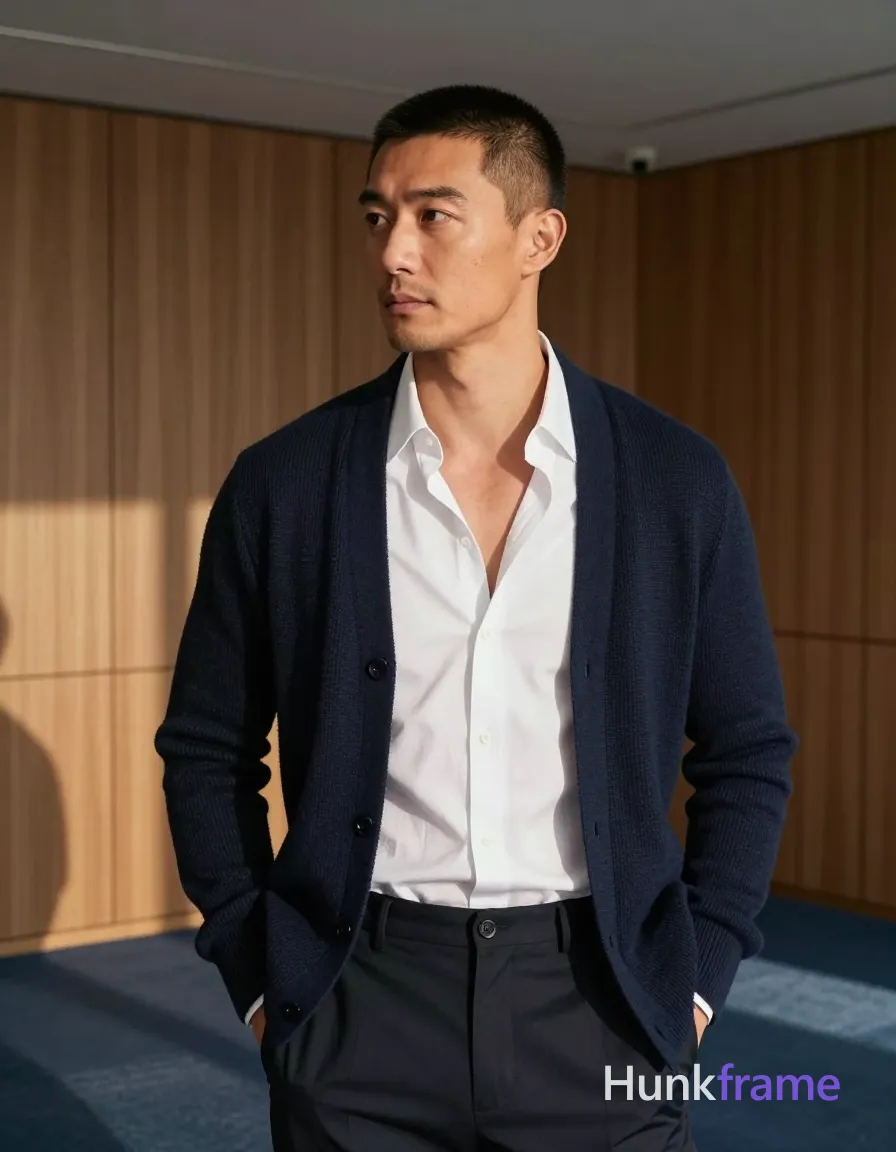 Photograph of exactly 1 adult man. Man 1: East Asian, light to medium tan with warm undertones, square jawline, defined cheekbones, straight nose bridge, buzz cut, very short sides and back, slightly longer on top (1-2cm), dark brown/black color, matte texture, clean-shaven chin and upper lip, light stubble on jawline only. Man 1 has fully exposed eyes, eyebrows, temples and nose bridge. Broad shoulders with meaty chest, dense body hair. Standing full profile facing left hands in trouser pockets. Open navy ribbed cardigan over white shirt undone top button. Full-body vertical portrait center-right head near ceiling line. Modern interior wood-paneled walls blue carpet warm lighting. Strong natural side-light from left creating geometric shadows. Fine-art photography cinematic lighting premium fashion editorial