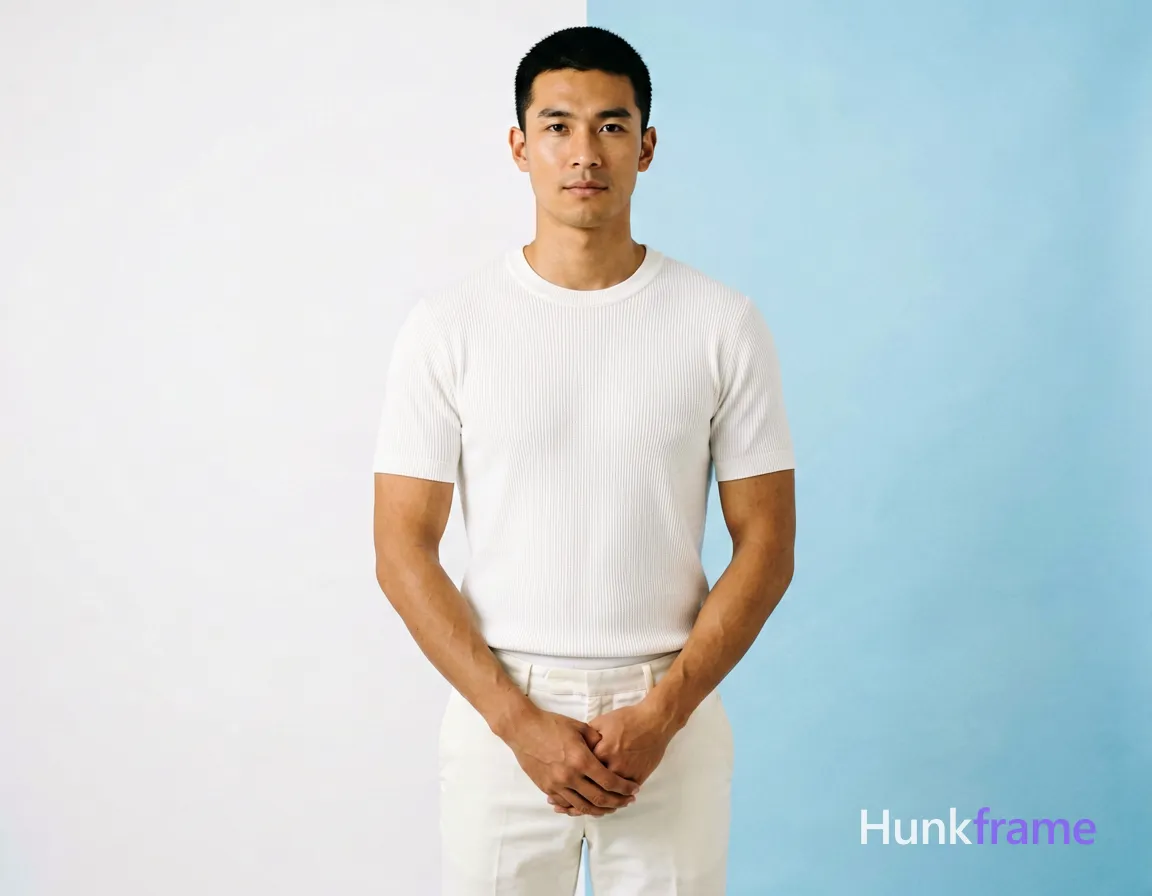an anonymous figure man with fair to light tan skin and clean-shaven face, black medium-length textured crop cut above ears; Standing upright facing forward in a high-key studio setting against a plain two-tone background of white left panel and light-blue right; Wearing a white short-sleeve ribbed knit sweater covering torso fully with crew neck, paired with off-white tailored trousers visible from waist to mid-thigh; Hands clasped gently at lower abdomen; Shallow depth of field with sharp focus on face and upper torso, smooth skin texture rendered in fine detail under softbox-style frontal lighting creating even illumination; securely fitted underwear or swim trunks with complete frontal coverage; single clean uninterrupted photograph with a cohesive editorial composition and plain continuous surrounding surfaces
