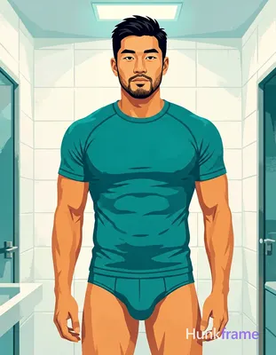 Bold flat-color poster design of an Asian man with short black textured hair and stubble beard stand