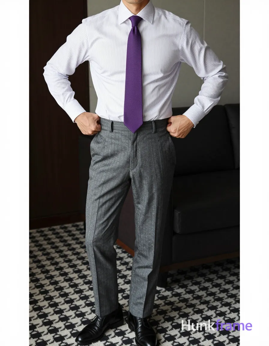 A handsome masculine man in a premium fashion editorial, standing with torso angled slightly right. Hands gripping waistband of grey pinstripe trousers at hip level, pulling them up so the waistband sits mid-thigh on both sides while legs are apart and weight shifts to the left leg. He wears a white long-sleeve button-up shirt with fine vertical stripes fully tucked in, paired with a solid purple necktie knotted straight down the chest center. Black leather dress shoes complete the look against an indoor setting featuring patterned black-and-white houndstooth carpet and dark upholstered sofa accents to the right. Soft directional lighting from upper-left casts subtle shadows on fabric folds. Vertical 13:19 aspect ratio, head cropped at neck showing full torso from collarbone to mid-thighs with clean lines and sharp focus., a single uninterrupted photograph only, no written words or typography anywhere in frame, no captions, no app UI, no social-media post layout, no screenshot borders