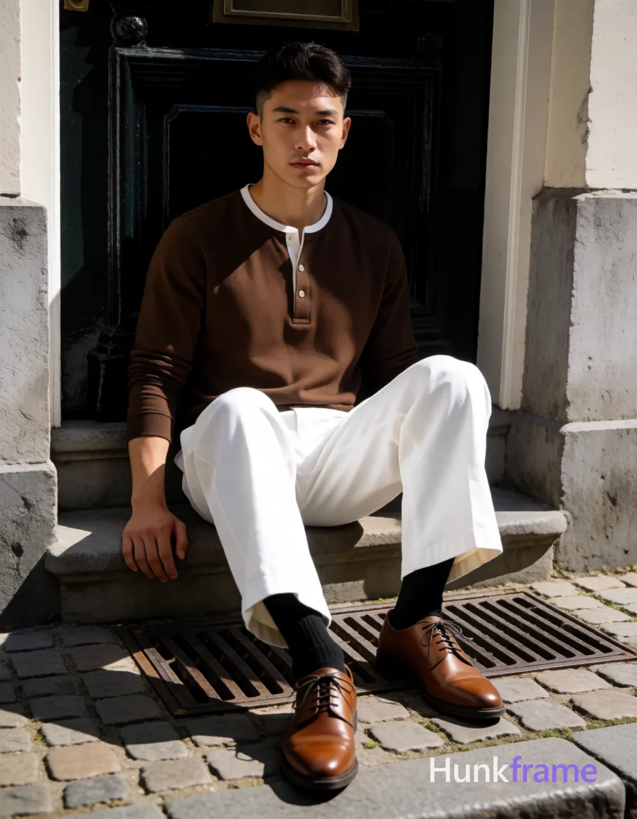Asian man with light-medium skin and short dark brown undercut hair sits centered in a vertical portrait, leaning back on an ornate black door step; He wears long-sleeved brown henley shirt with white trim at collar and placket buttons, white wide-leg trousers, black crew socks, and brown leather lace-up dress shoes; Left hand rests flat beside him on the stone; right arm relaxed along thigh; Seated in front of light-colored stone walls and cobblestone ground with metal drainage grates under natural daylight; Fine-art photography style with dramatic lighting casting soft shadows, sculpted pose, urban chic mood, premium fashion editorial aesthetic, same aesthetic theme and photo feel as the reference but a different man in a different pose with distinct body proportions, Scandinavian man, very fair skin, ice blue eyes, Viking-broad shoulders lean waist; single clean uninterrupted photograph with a cohesive editorial composition and plain continuous surrounding surfaces