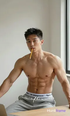 Asian man with light-medium skin and short dark black hair, clean-shaven smooth 