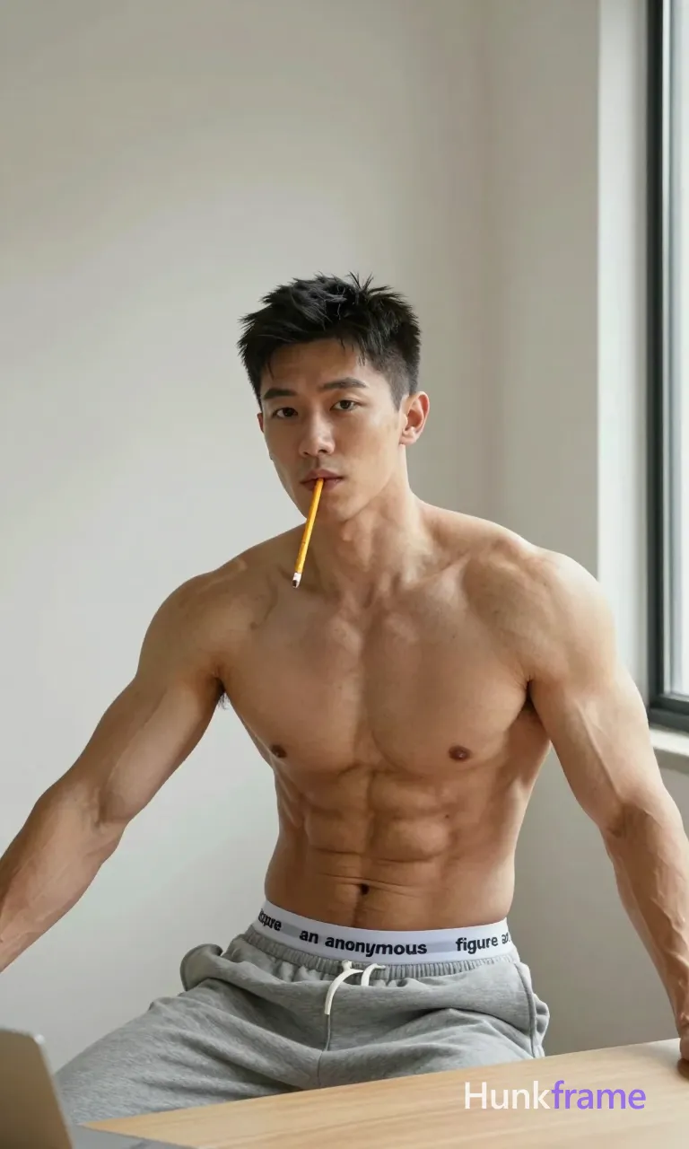 Asian man with light-medium skin and short dark black hair, clean-shaven smooth chin; Shirtless upper body revealing highly muscular build, defined pectorals, deltoids, abdominal definition, prominent arm vascularity; Seated at desk leaning forward slightly, right hand holding yellow wooden pencil between lips and lower lip while left arm extends out of frame; Wearing grey an anonymous figure sweatpants with white waistband displaying 'an anonymous figure' text; Indoor room with light-colored walls and window on right providing natural daylight creating soft shadows; Portrait composition occupying right two-thirds of frame; head positioned left-center looking toward camera; Fine-art photography, neutral tones palette, studious atmosphere; single clean uninterrupted photograph with a cohesive editorial composition and plain continuous surrounding surfaces