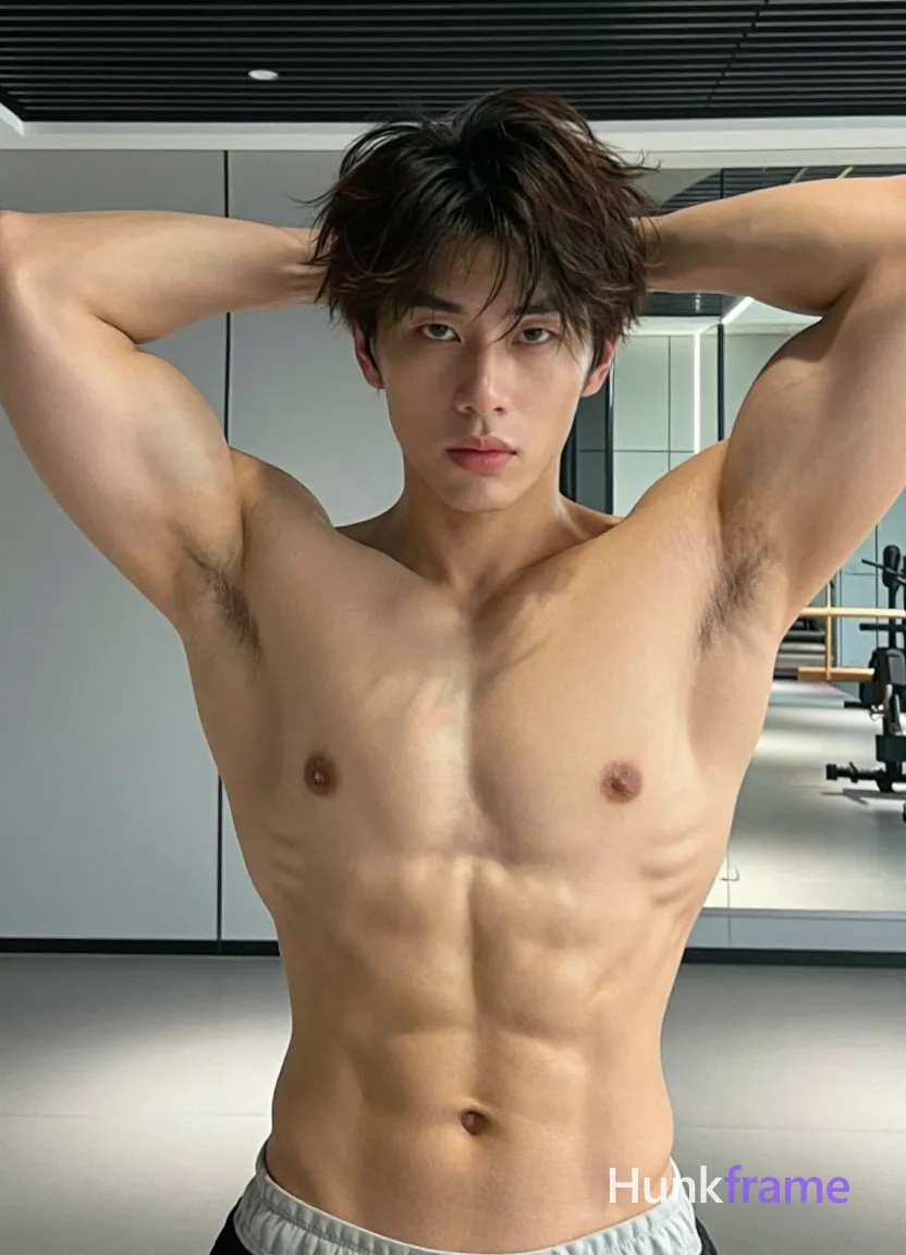 Asian man with short dark brown textured hair and fringe, clean-shaven face, neutral intense gaze; Shirtless torso showing defined abs and broad shoulders, white waistband visible at lower right hip suggesting briefs; Standing facing camera raising both arms overhead with elbows bent inward toward chest, hands obscured by motion blur at top edge; Indoor gym setting with ceiling grid and mirrored walls background; Overhead artificial lighting casting soft shadows on skin; Vertical portrait close-up selfie framing from waist up, head filling upper third of frame, shot on iPhone 15 Pro main camera, authentic smartphone computational photography, natural Smart HDR and true-to-life skin texture, vertical 9:16 Xiaohongshu lifestyle feed, bright clean everyday scene, unretouched phone photo with subtle sensor grain, trendy Chinese internet 网红 aesthetic, candid influencer energy; single clean uninterrupted photograph with a cohesive editorial composition and plain continuous surrounding surfaces