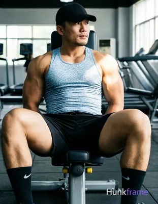 Asian man with short black straight hair and clean-shaven jaw seated on gym leg 