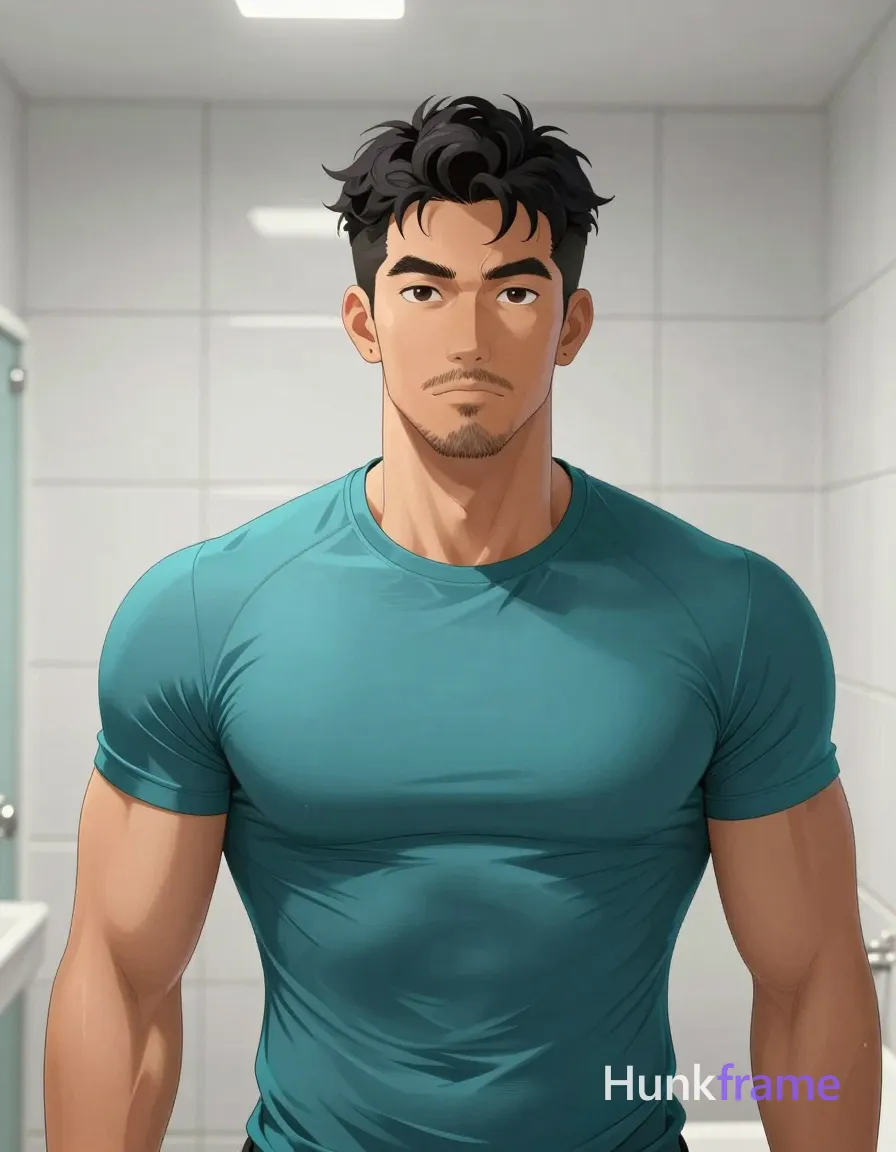 Polished anime style rendering of an Asian man with short black textured hair and stubble beard standing facing camera in a tiled indoor bathroom. He wears tight-fitting teal athletic t-shirt, torso upright with arms at sides left arm partially obscured. Overhead recessed light casts cool-toned illumination on broad shoulders and defined pectorals against white tiles. High-quality character rendering maintains chest-to-chin crop., same aesthetic theme and photo feel as the reference but a different man in a different pose with distinct body proportions, Mediterranean Italian man, olive skin, wavy dark hair, lean surfer body, a single uninterrupted photograph only, no written words or typography anywhere in frame, no captions, no app UI, no social-media post layout, no screenshot borders