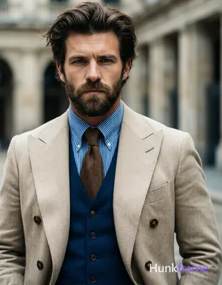 Caucasian man with fair skin, dark brown voluminous hair swept back, short trimm