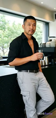 Asian man with medium-tan skin and a short black buzz cut, clean-shaven chin with light upper lip st