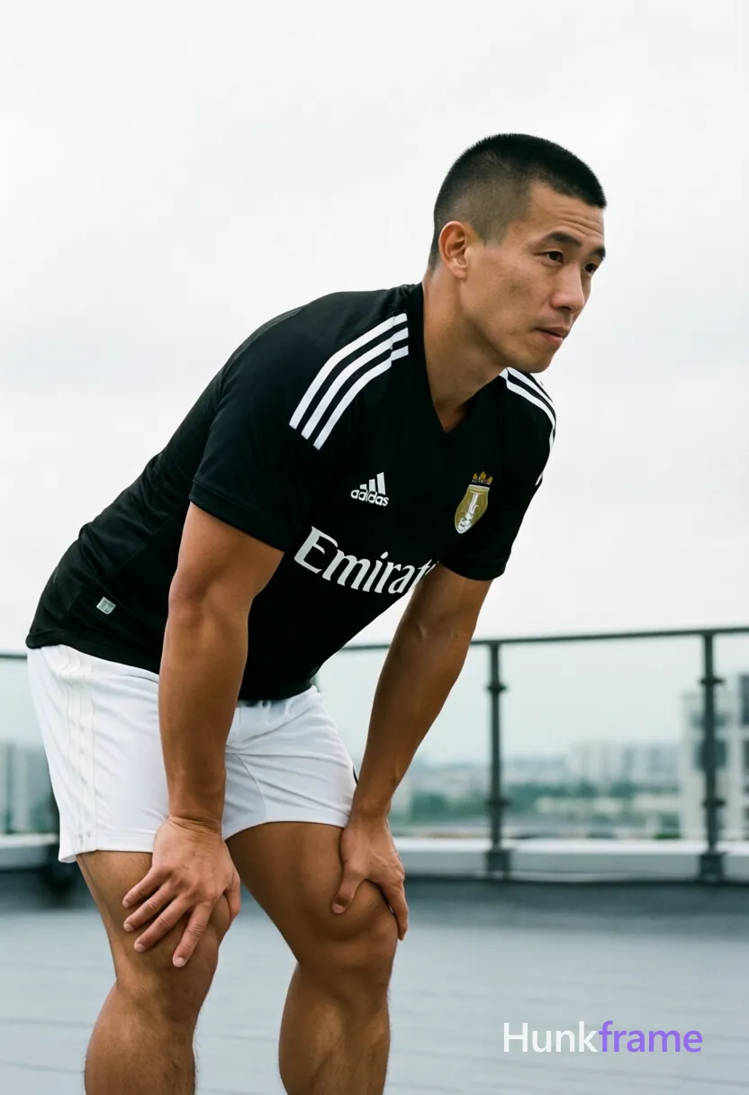 Asian man with short buzz cut and matte dark hair stands bent forward at waist, hands resting on knees. He wears a black Adidas soccer jersey with white shoulder stripes and partial Emirates text over white athletic shorts showing thick thighs and defined calf muscles. Outdoor rooftop terrace under diffused overcast sky lighting creates soft shadows emphasizing leg muscle definition. Vertical 13:19 crop focuses on the full body from head to feet, center-right composition. Clean minimalist background enhances natural daylight mood., a single uninterrupted photograph only, no written words or typography anywhere in frame, no captions, no app UI, no social-media post layout, no screenshot borders