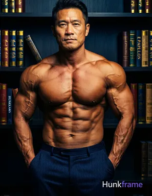 Asian man with tanned skin and short black hair styled back, clean-shaven face with neutral direct g