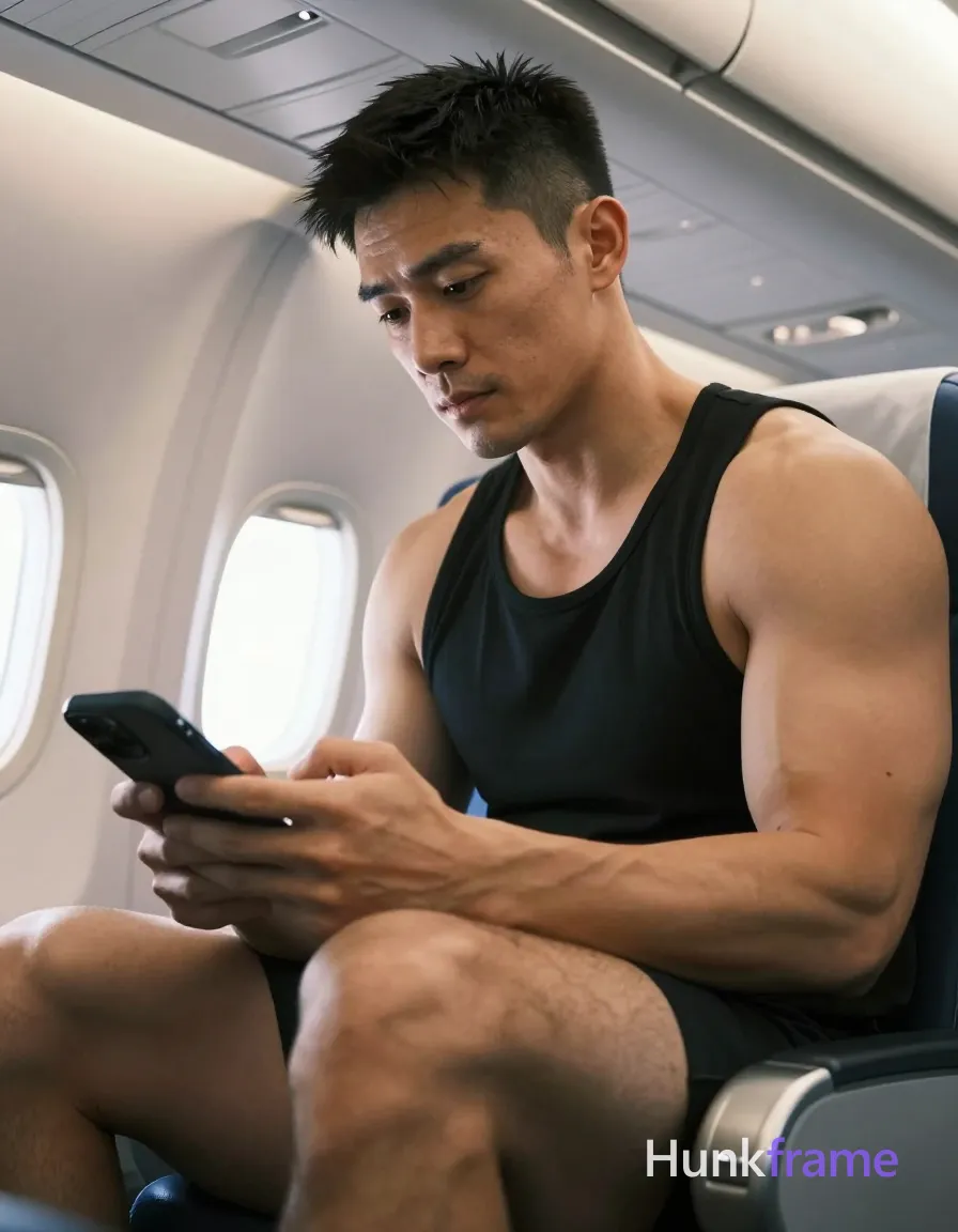Photograph of exactly 1 adult man. Man 1: Asian, light to medium tan, oval with defined jawline, short, dark brown/black hair, textured top with faded sides and back, clean neckline at nape, clean-shaven. Man 1 has fully exposed eyes, eyebrows, temples and nose bridge. Muscular build with defined biceps, thick thigh musculature. Seated in airplane cabin holding black smartphone against raised right knee. Black sleeveless tank top covering upper torso, dense leg hair visible. Vertical portrait crop occupying right two-thirds of frame. Airplane interior with overhead panels, oval windows in background. Soft ambient cabin lighting mixed with natural light from airplane windows. Fine-art photography aesthetic with dramatic lighting and sculpted pose