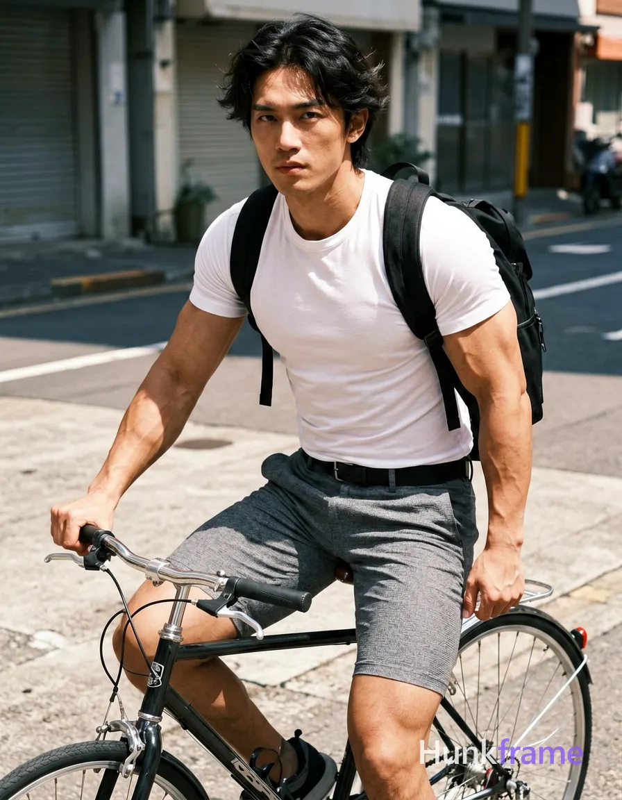 Asian man with light-medium skin, black medium-length slightly tousled hair parted on the side, clean-shaven face. He sits centered on a bicycle in an urban Japanese street setting, head turned to look over his left shoulder toward camera while leaning back gripping handlebars. Wearing fitted white short-sleeved t-shirt, grey slim-fit trousers with subtle textured pattern, black belt, and black backpack worn on back. Vertical 13:19 aspect ratio, high-resolution photography, sharp focus, natural outdoor lighting casting strong directional sunlight and sharp shadows. Head-to-mid-thigh framing showing broad shoulders, defined biceps, thick thighs, narrow waist. Athletic gym photography style with dramatic directional light highlighting confident strength and defined anatomy against concrete pavement., wearing underwear or swim trunks, covered genitals, no frontal nudity, a single uninterrupted photograph only, no written words or typography anywhere in frame, no captions, no app UI, no social-media post layout, no screenshot borders
