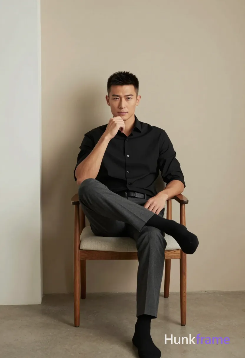 A handsome adult man with short black hair and clean-shaven face sits centered in a vertical portrait, full-body shot from knees to head. He wears a black button-down shirt sleeves rolled to elbows, dark grey trousers, textured belt buckle, and black socks. Seated on an upholstered wooden chair leaning against a beige wall, left leg crossed over right knee, right hand near chin in thoughtful gesture. Natural directional lighting from the left casts soft shadows across his lean build. Minimalist interior with white column, sophisticated mood, clean lines, fine-art photography style., a single uninterrupted photograph only, no written words or typography anywhere in frame, no captions, no app UI, no social-media post layout, no screenshot borders