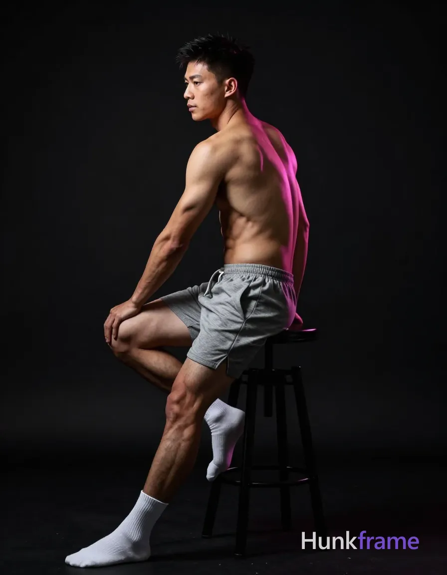 Asian man seated on a dark stool, torso angled away with left leg bent and right extended forward; Shirtless displaying lean build defined back musculature including trapezius and latissimus dorsi and visible rib cage contouring under skin; Grey heathered cotton shorts mid-thigh length with white crew socks on both feet; High-contrast chiaroscuro lighting, strong pink backlight defining silhouette of shoulders arms and legs against near-black void; Vertical portrait 13:19 aspect ratio centered horizontally from mid-thighs to crown of head; Fine-art photography confident strength defined anatomy; single clean uninterrupted photograph with a cohesive editorial composition and plain continuous surrounding surfaces