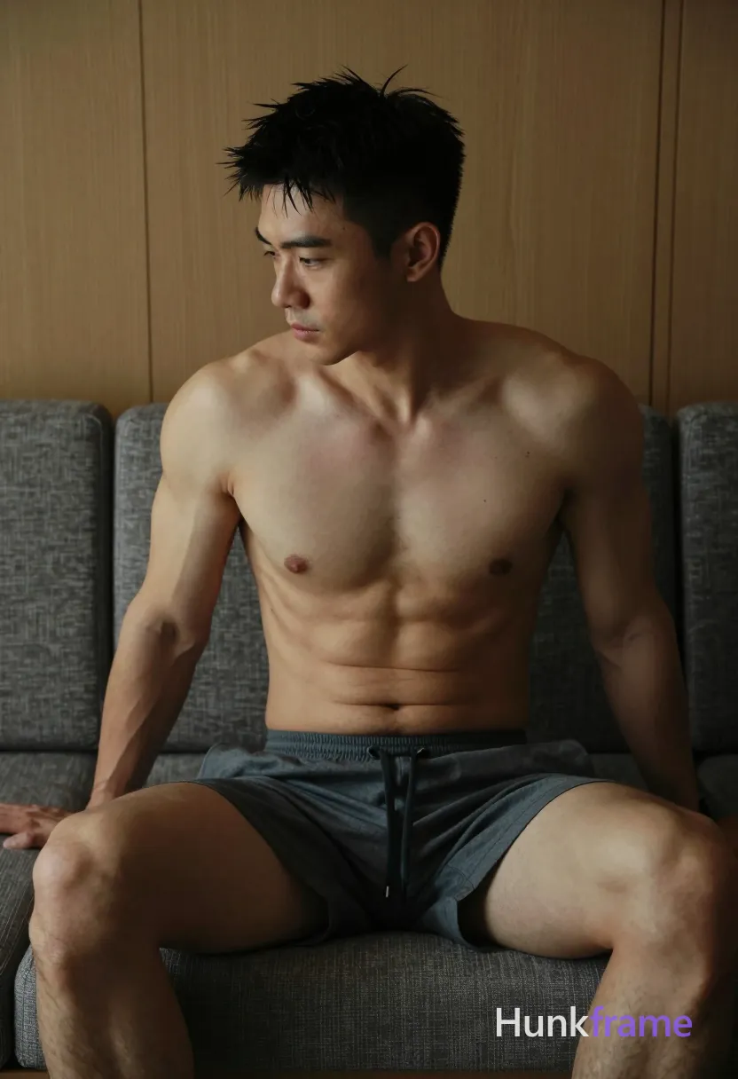 Photograph of exactly 1 adult man. Man 1: Asian, light to medium tan, oval with defined jawline, short, dark brown/black, textured and slightly tousled, hairline receding at temples, length above ears and nape, clean-shaven. Man 1 has fully exposed eyes, eyebrows, temples and nose bridge. Athletic Asian man with defined pectorals, thick thighs. Seated sideways on sofa head tilted down in contemplation. Shirtless wearing dark gray athletic shorts with drawstring. Vertical portrait framing upper chest to lower thighs centered. Indoor living space featuring wood-paneled walls, modular sofa. Soft directional ambient light sculpting muscular contours. Fine-art photography aesthetic with muted grays and warm tones