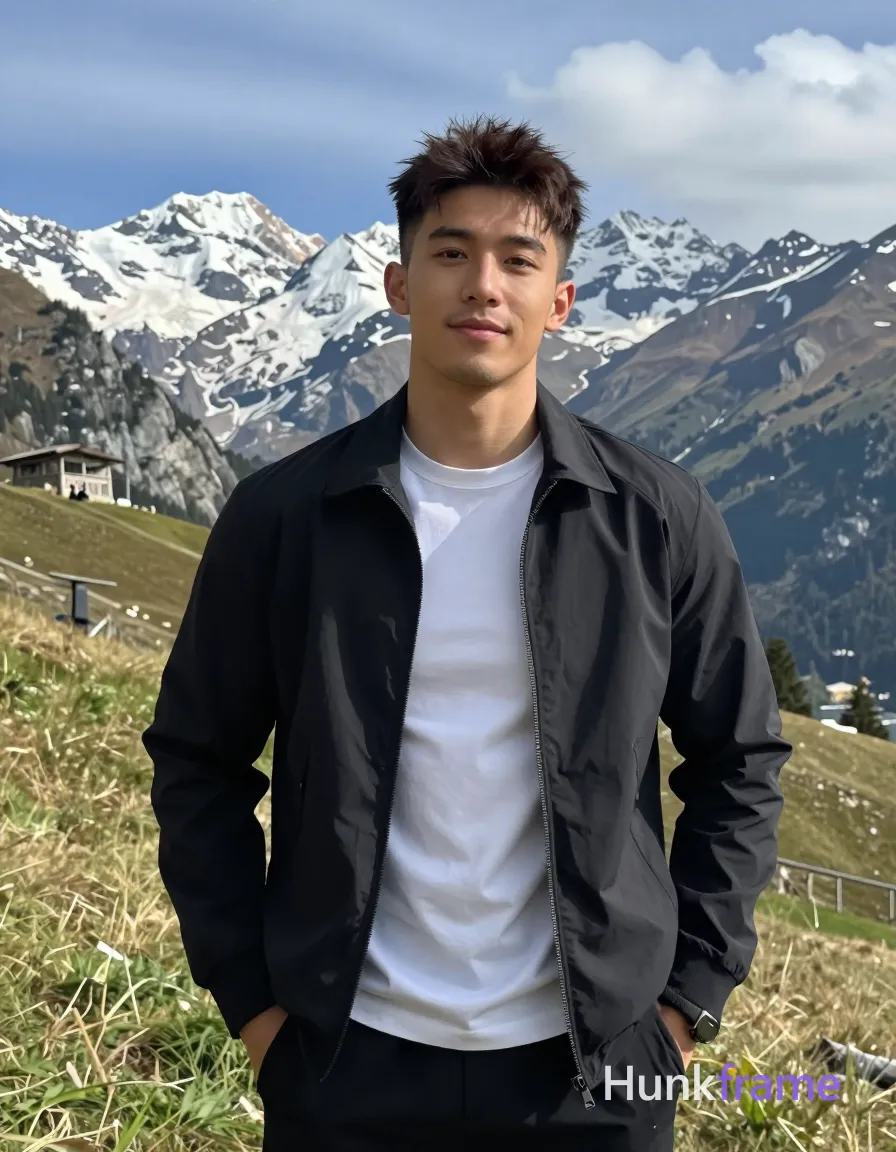 Asian man with short dark brown spiky hair and clean-shaven face, neutral slight smile standing upright facing camera hands in black zip-up jacket pockets. Black unzipped jacket revealing white crew-neck t-shirt underneath against broad athletic shoulders. Waist-to-chest portrait slightly angled crop on grassy alpine meadow with snow-capped mountains blue sky cliffside structure left. Bright daylight natural sunlight cool-toned palette sharp focus high-resolution travel photo serene confident mood handsome masculine man Xiaohongshu fitness influencer candid iPhone rear-camera snapshot energy real lifestyle scene trendy vibe., same aesthetic theme and photo feel as the reference but a different man in a different pose with distinct body proportions, Brazilian Latino man, warm olive skin, curly dark hair, compact athletic torso, a single uninterrupted photograph only, no written words or typography anywhere in frame, no captions, no app UI, no social-media post layout, no screenshot borders