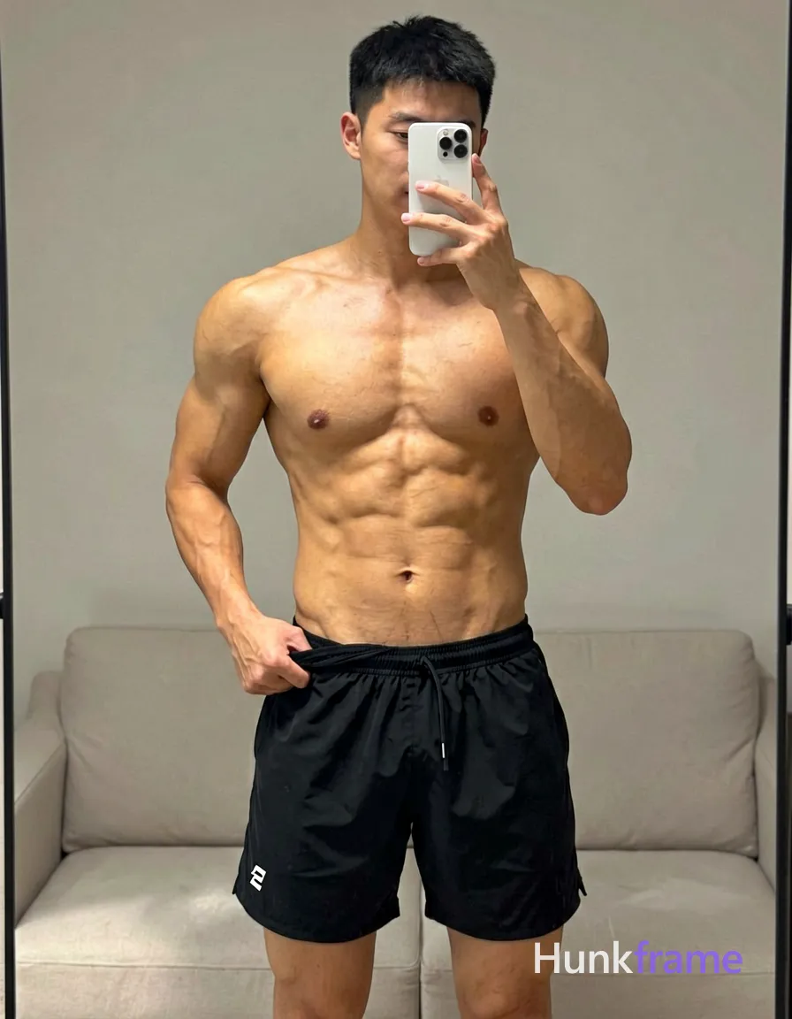 Asian man with light to medium tan skin and short straight black hair stands shirtless in a vertical mirror selfie; He wears loose-fitting black athletic shorts reaching mid-thigh, featuring an elastic waistband and a small white stylized 'E' logo near the lower-left hem; His right hand grips the waistband while pulling fabric upward slightly; left hand holds a white smartphone steady for capture; Defined pectorals, deltoids, rectus abdominis, and vascular forearms are visible under soft frontal illumination in an indoor room with neutral walls and a light-colored sofa background; High-resolution detail on skin texture, clean composition emphasizing physique; securely fitted underwear or swim trunks with complete frontal coverage; single clean uninterrupted photograph with a cohesive editorial composition and plain continuous surrounding surfaces