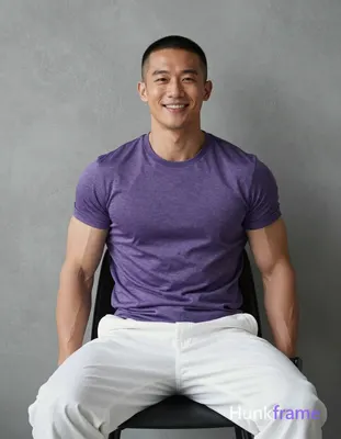 Asian man with short buzz cut and clean-shaven face smiling, seated upright on a