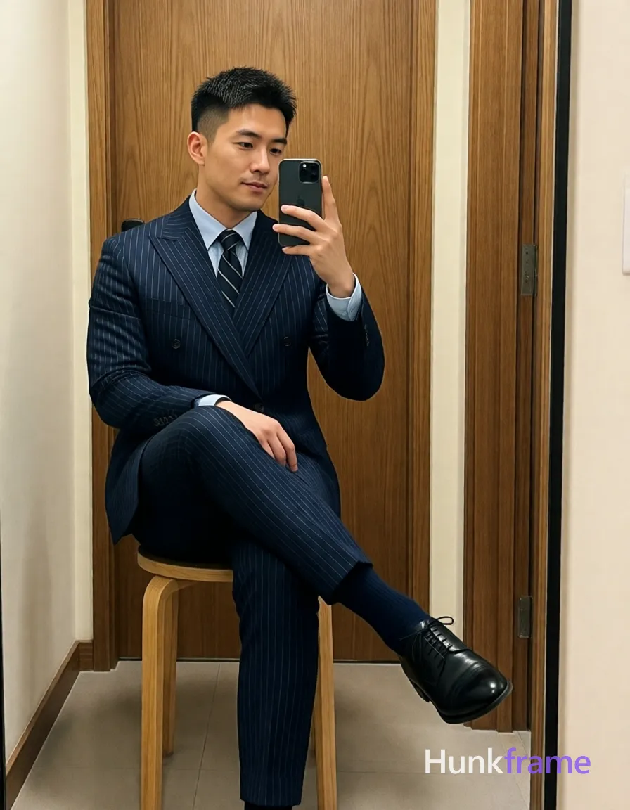 Asian man with light-medium skin and short textured dark crop hair, clean-shaven face taking a mirror selfie; He sits on a low wooden stool in a narrow hallway, right leg crossed over left knee up while holding a smartphone to review the shot; Wearing a navy pinstripe double-breasted suit jacket with peak lapels, slim-fit trousers, light blue collared shirt, dark striped tie, black leather lace-up oxford shoes, and navy wool socks; Full-body portrait centered in mirror reflection against a wooden door with vertical grain pattern framed by cream walls; Soft ambient indoor lighting creates an authentic Xiaohongshu lifestyle vibe with candid iPhone selfie energy, shot on iPhone 15 Pro main camera, authentic smartphone computational photography, natural Smart HDR, vertical 9:16 Xiaohongshu lifestyle post, bright clean gym or cafe scene, wardrobe matching reference outfit, confident everyday blogger pose, phone photo with natural grain, phone held naturally in one hand for selfie, phone visible in frame; single clean uninterrupted photograph with a cohesive editorial composition and plain continuous surrounding surfaces