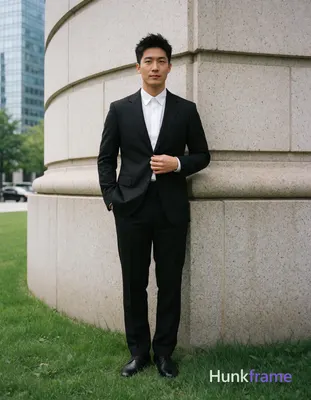 Asian man with light to medium tan skin and short textured black hair styled upward, clean-shaven fa