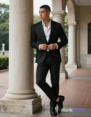 Asian man with short buzz cut and clean-shaven face in polished anime style, buttoning white dress s