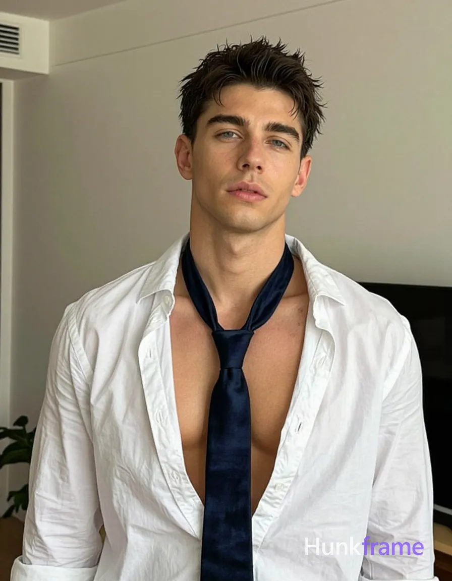 an anonymous figure adult man with light to medium tan skin texture and minor blemishes, short dark brown hair with spiky front strands, clean-shaven face; Shirtless upper torso reveals bare chest and neck, wearing an open white button-down dress shirt collar and a loose dark navy blue velvet-textured tie hanging down center; Lean build physique with relaxed squared shoulders; Indoor room setting with plain beige wall background and soft ambient lighting creating shallow depth of field blur behind him, shot on iPhone 15 Pro main camera, authentic smartphone computational photography, natural Smart HDR and true-to-life skin texture, vertical 9:16 Xiaohongshu lifestyle feed, bright clean everyday scene, unretouched phone photo with subtle sensor grain, trendy Chinese internet 网红 aesthetic, candid influencer energy; single clean uninterrupted photograph with a cohesive editorial composition and plain continuous surrounding surfaces
