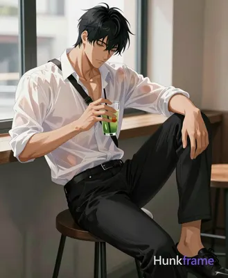 an anonymous figure adult men in polished anime 2.5D next-gen game art style left seated on dark sto