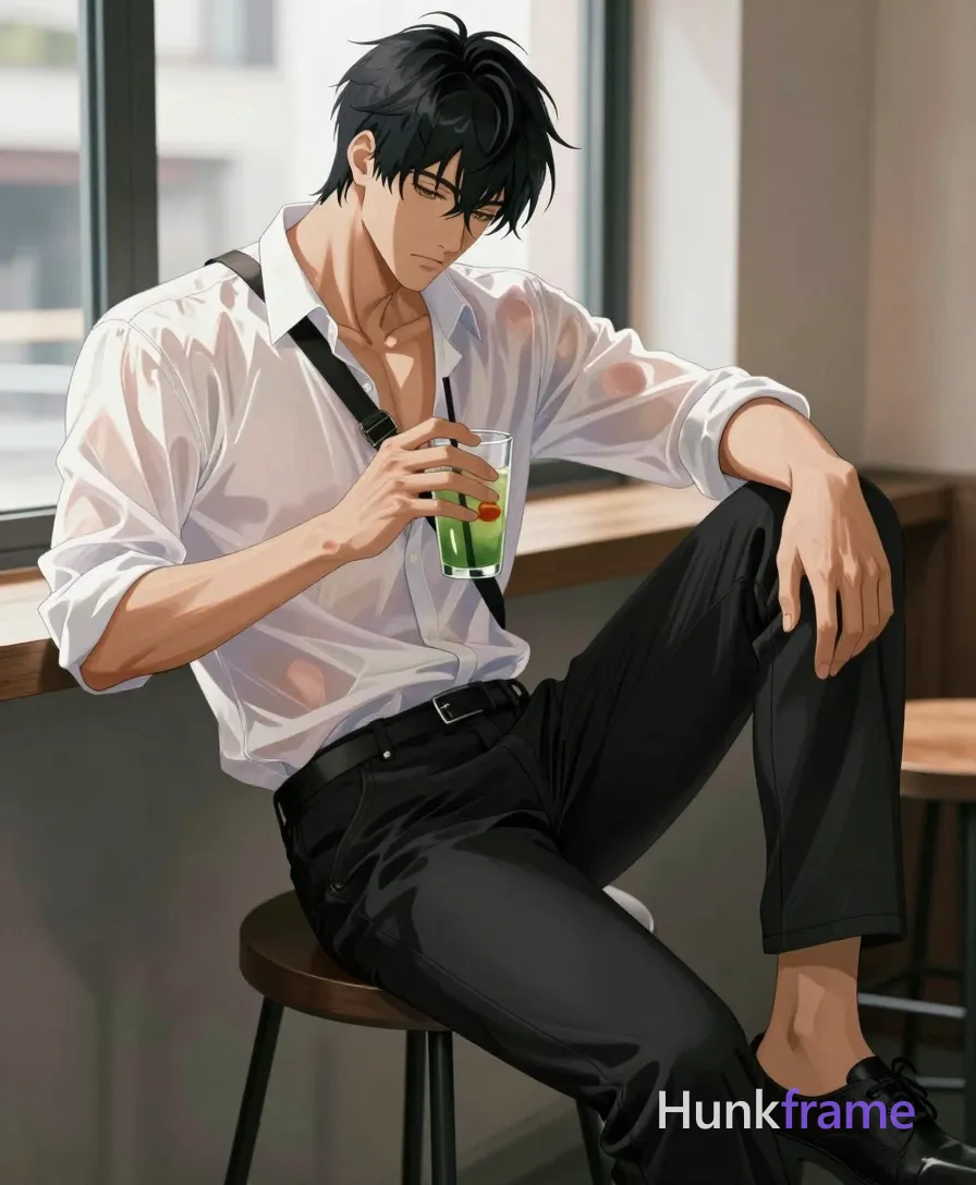 an anonymous figure adult men in polished anime 2.5D next-gen game art style left seated on dark stool leaning forward torso angled center holding black strap across chest with both hands near collarbone right hand also holding clear glass containing green drink red logo straw while adjusting it, right subject standing or perched on stool chair one leg crossed over other knee both wearing white semi-sheer button-up shirt worn open exposing upper chest sleeves rolled up slightly wrists black trousers jeans lower portion visible; Natural daylight streaming through large windows creating soft shadows highlights faces bodies shallow depth of field keeping focus subjects softly blurring urban backdrop high contrast between bright shirts dark blues blacks from jeans strap skin tones ranging light to medium brown green drink pop color neutral beige grey walls furniture intimate casual yet stylized slightly sensual due exposed skin bite marks relaxed atmosphere portrait left side frame fine-art photography aesthetic 13:19 aspect ratio; FULL GARMENT TEXT REPLACEMENT: remove every source garment word, sentence; single clean uninterrupted artwork with a cohesive composition and plain continuous surrounding surfaces