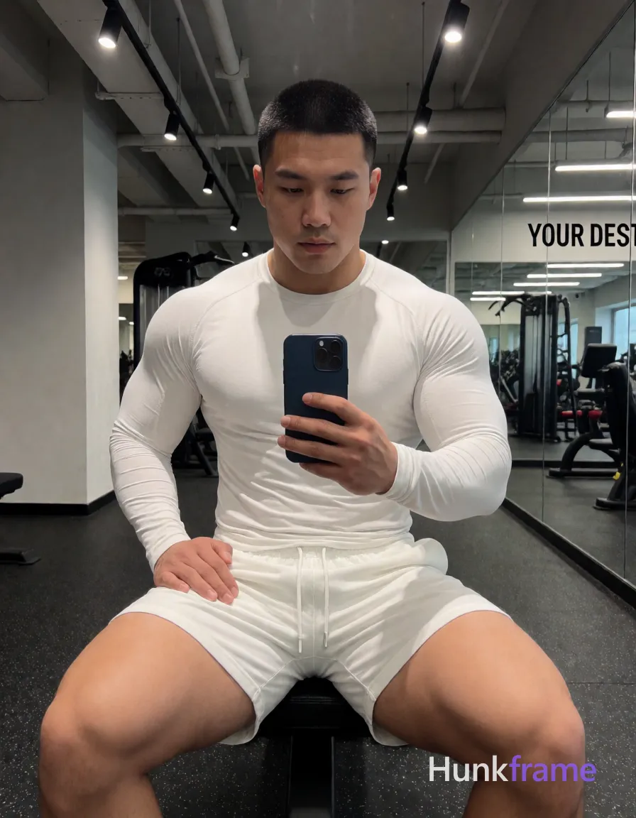 Heavily muscular adult man with substantial muscle mass, wide shoulders, thick neck, large chest and arms, powerful thighs, and dense bodybuilding proportions; Asian man with short black buzz cut and clean-shaven face, neutral direct gaze into mirror reflection, seated on gym bench facing forward; Shirtless adult wearing white long-sleeve compression shirt covering torso from neck to waistline and matching white athletic shorts ending mid-thigh with visible drawstring waistband; Legs spread wide apart with knees bent, thighs prominently displayed showing thick quads and defined glutes; calves partially visible below hem; Holding dark blue smartphone vertically in right hand capturing mirror reflection, left hand resting on left thigh near hip area; Indoor gym environment with exposed ceiling pipes, industrial lighting fixtures, black rubber flooring speckled with white flecks, mirrored walls reflecting fitness equipment behind him on right side and wall text 'YOUR DEST'; Overhead track lights casting directional shadows across face and torso, ambient fluorescent glow creating soft highlights on light-medium skin tones; High-contrast gym photography, mirror selfie; single clean uninterrupted photograph with a cohesive editorial composition and plain continuous surrounding surfaces