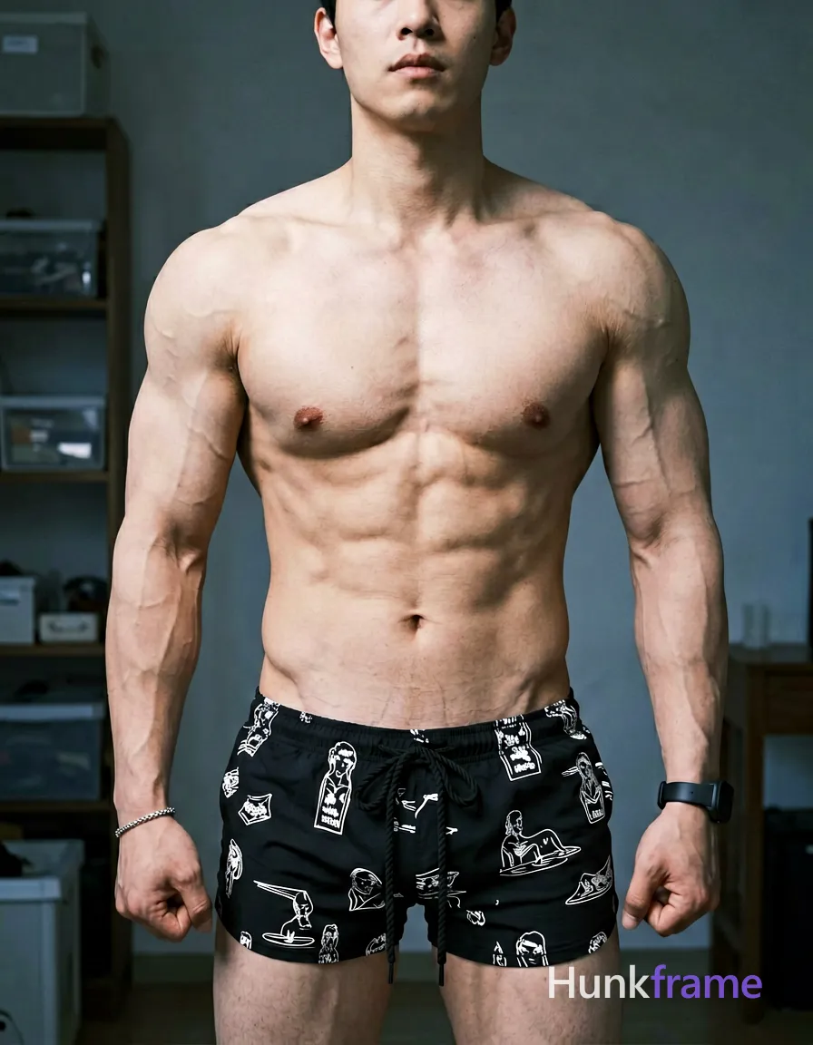 Candid lifestyle photography of a shirtless adult man with broad shoulders, defined pectorals, six-pack abs, and visible vascularity in arms. He stands front-facing with fists loosely clenched at hips inside an indoor room featuring shelving and storage. Torso-focused crop from neck down to upper thighs reveals chest, abdomen, arms, and shoulders clad only in black drawstring shorts with white graphic print and rope-style drawstrings. Silver bracelet on left wrist and black watch/fitness tracker on right wrist catch soft frontal fill light against neutral background grays/blues., same aesthetic theme and photo feel as the reference but a different man in a different pose with distinct body proportions, lean Korean man, sharp jaw, monolid eyes, slim swimmer build, natural black hair, wearing underwear or swim trunks, covered genitals, no frontal nudity, a single uninterrupted photograph only, no written words or typography anywhere in frame, no captions, no app UI, no social-media post layout, no screenshot borders