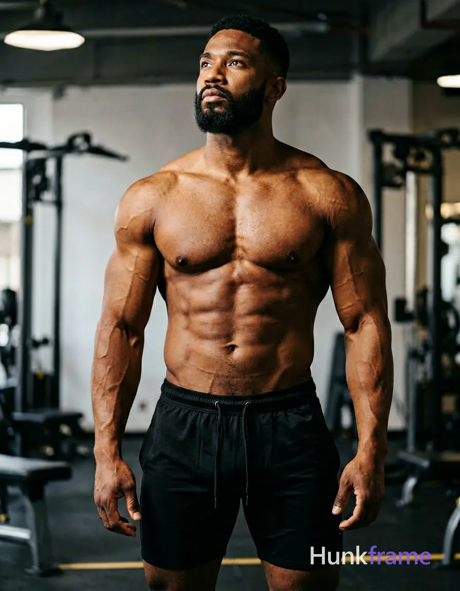 Dark-skinned man with short black hair and full dark beard stands upright in a vertical portrait. Shirtless adult male, bare chest displaying highly muscular shoulders and defined six-pack abs; visible vascularity on arms. Wearing only black drawstring sweatpants covering hips to mid-thighs. Standing facing slightly right but head turned up-left with serious gaze directed upward and left of frame; hands relaxed at sides with fingers loosely curled. Indoor gym environment with blurred equipment in background, high-contrast chiaroscuro lighting from above-left creating deep shadows defining muscle contours. Shallow depth of field blurring background. Warm skin tones against cool gray/white gym background. Intense masculine mood, premium fashion-editorial photography., wearing underwear or swim trunks, covered genitals, no frontal nudity, a single uninterrupted photograph only, no written words or typography anywhere in frame, no captions, no app UI, no social-media post layout, no screenshot borders