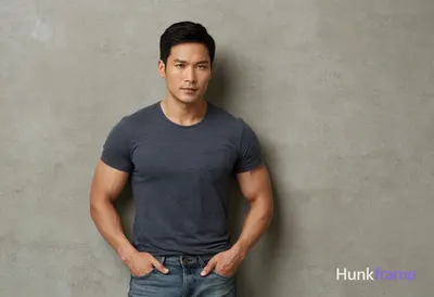 A handsome Asian man with short black hair and brown eyes, standing straight aga