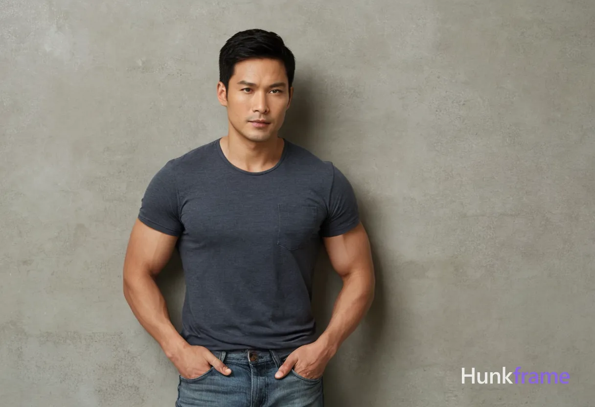 A handsome Asian man with short black hair and brown eyes, standing straight against a textured gray concrete wall under soft cinematic lighting. The setting features a neutral background in shades of gray, emphasizing his muscular physique and defined facial features through subtle shadows and natural skin tones