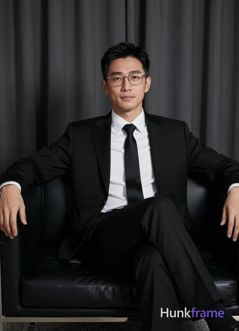 an anonymous figure man in his 30s with light to medium skin, short black straight hair and neat side parting; He wears metal-framed glasses with thin rectangular frames, clear lenses on face; clean-shaven face, calm composed expression with slight smile; Seated relaxed on black leather sofa legs crossed at knee left arm resting along back of couch right hand partially out of frame near thigh; Wearing single-breasted black suit jacket white collared dress shirt buttoned to neck solid black tie knot centered at collar fully clothed lean build torso covered; Indoor studio lounge setting dark gray draped curtains background textured gray rug low-key dramatic lighting soft directional key light from front-left subtle rim backlight creating separation against curtain backdrop shallow depth of field keeping subject sharp while background softly diffused high contrast muted tonal range sophisticated confident minimalist formal elegance fine-art editorial photography vertical portrait 13:19 aspect ratio The adult man visibly wears metal-framed glasses with thin rectangular frames, clear lenses; worn on face on his; single clean uninterrupted photograph with a cohesive editorial composition and plain continuous surrounding surfaces